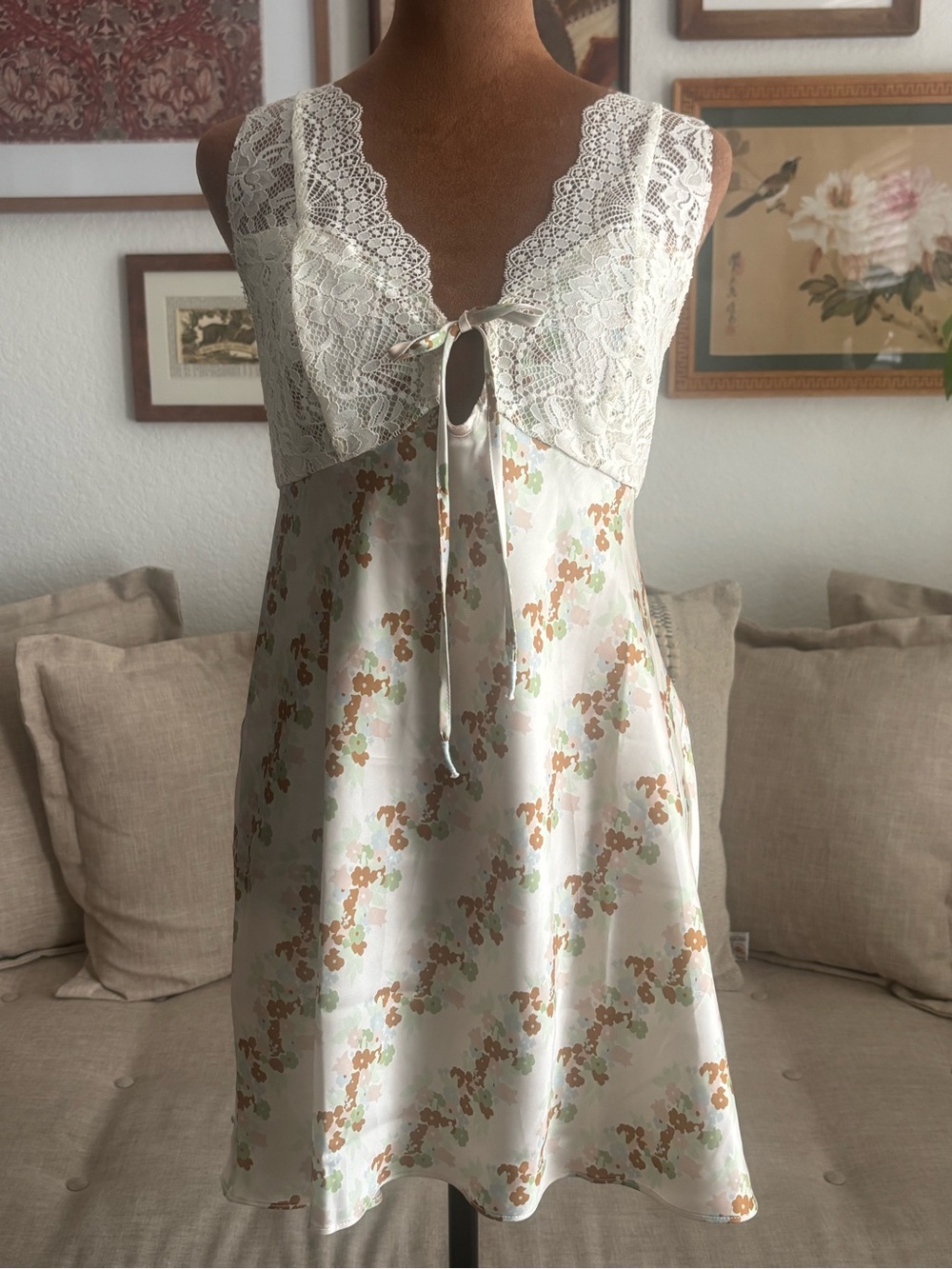 Free People Ivory Satin Floral Lace-Trim Chemise